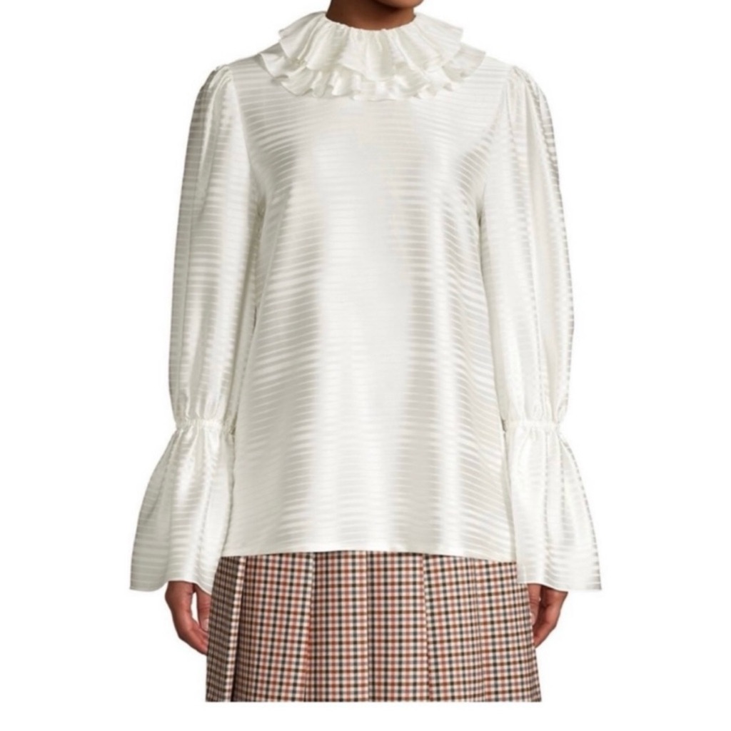 Tory Burch Ivory Ruffle-Neck Stripe Satin Blouse